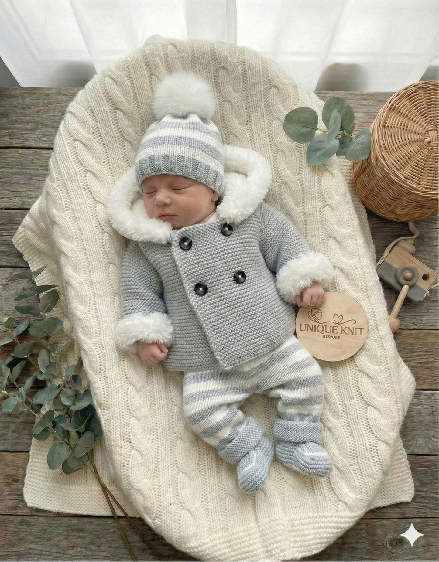 "Juniper” Fur trimmed Jacket & Pant set Knitting pattern for Reborn doll 16 -22” or 0-3 Mth Old Baby
