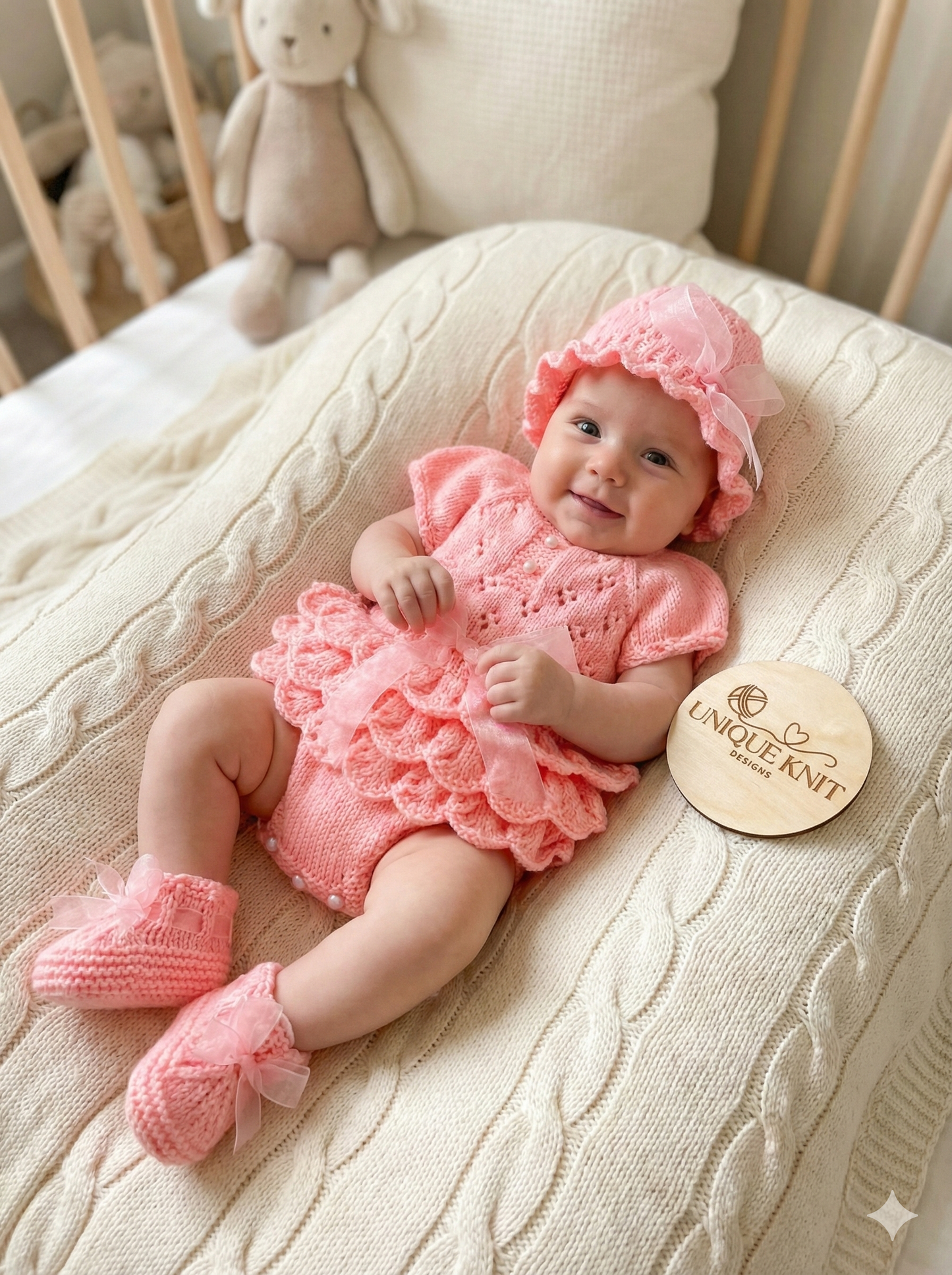 "Bouquet” Rah-Rah romper Knitting pattern for Reborn doll 16 -22” or 0-3 Mth Old Baby