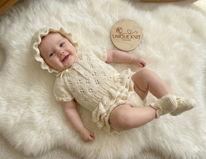 "Bouquet” Rah-Rah romper Knitting pattern for Reborn doll 16 -22” or 0-3 Mth Old Baby