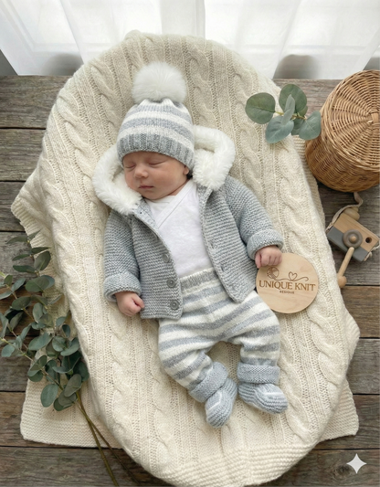 "Juniper” Fur trimmed Jacket & Pant set Knitting pattern for Reborn doll 16 -22” or 0-3 Mth Old Baby