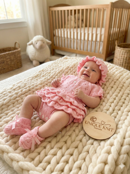 "Bouquet” Rah-Rah romper Knitting pattern for Reborn doll 16 -22” or 0-3 Mth Old Baby