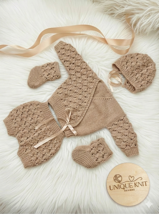 "Caraway” 4 Piece Set Knitting pattern for Reborn doll 16-22” or 0-3 Month Old Baby