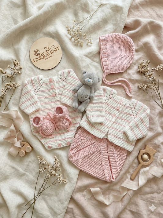 "Rose Petal” Multi-piece Knitting pattern for Reborn doll 16 -22” or 0-3 Month Old Baby