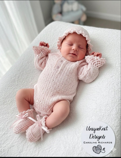 "Chelsea" Romper knitting pattern for reborn doll 16-22" or 0-3 Month old baby