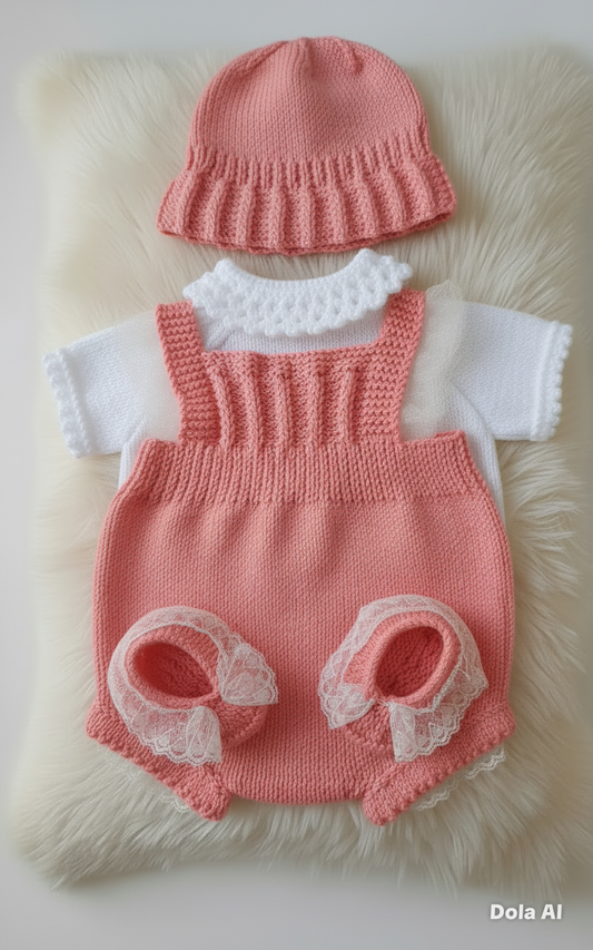 "Petal” Romper / Dungaree 4 piece set Knitting pattern for Reborn doll 16 -22” or 0-3 Mth Old Baby
