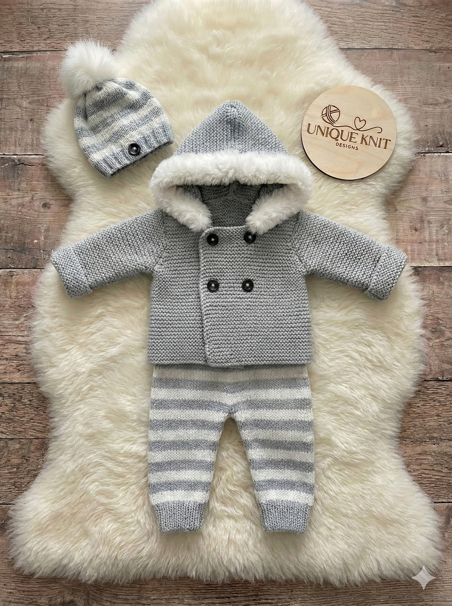 "Juniper” Fur trimmed Jacket & Pant set Knitting pattern for Reborn doll 16 -22” or 0-3 Mth Old Baby