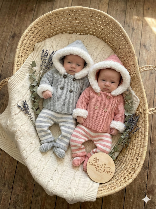 "Juniper” Fur trimmed Jacket & Pant set Knitting pattern for Reborn doll 16 -22” or 0-3 Mth Old Baby