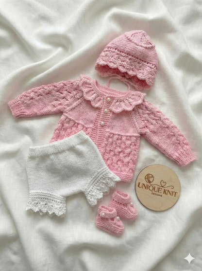 "Flower” Cardigan & Bloomers Knitting pattern set for Reborn doll 16 -22” or 0-3 Mth Old Baby