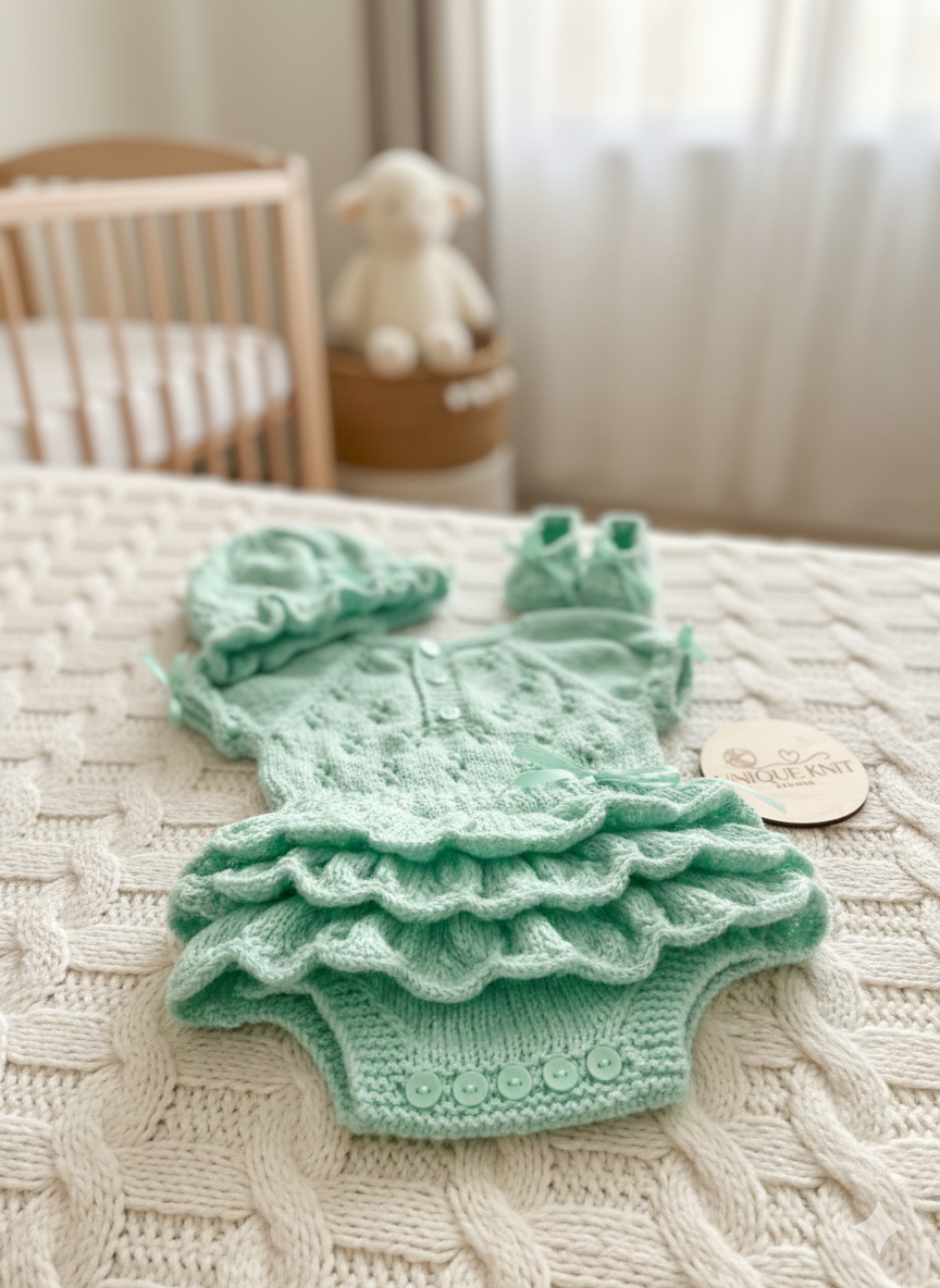 "Bouquet” Rah-Rah romper Knitting pattern for Reborn doll 16 -22” or 0-3 Mth Old Baby