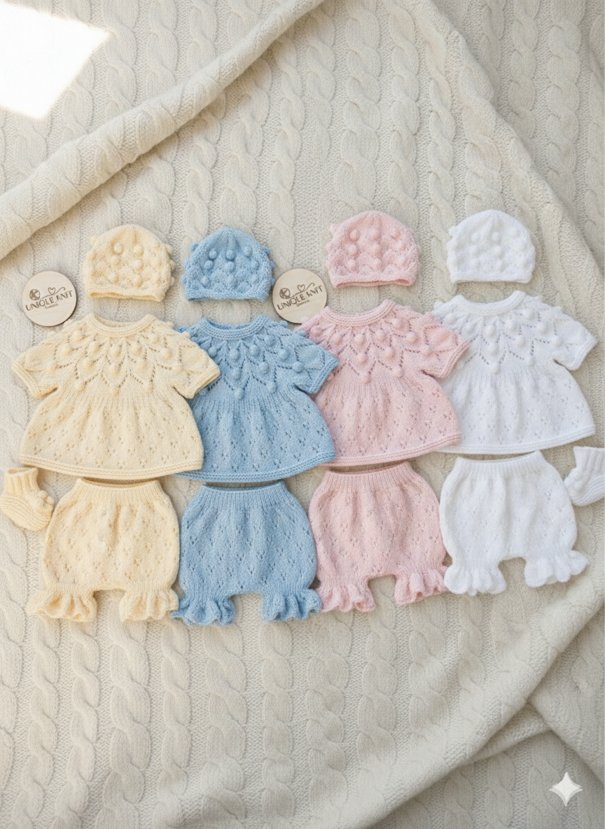 "Dewdrop” multi Piece Knitting pattern set for Reborn doll 16 -22” or 0-3 Month Old Baby