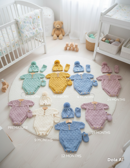 "Pippin” 3 Piece set - 8 sizes from premature to 24 Month old baby