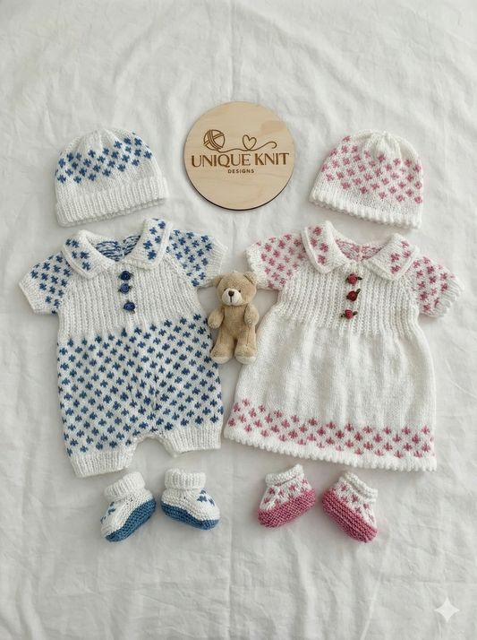 "Meadow” Romper and Dress set Knitting pattern for Reborn doll 16 -22” or 0-3 Mth Old Baby