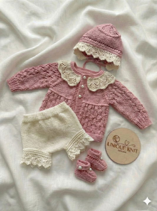 "Flower” Cardigan & Bloomers Knitting pattern set for Reborn doll 16 -22” or 0-3 Mth Old Baby