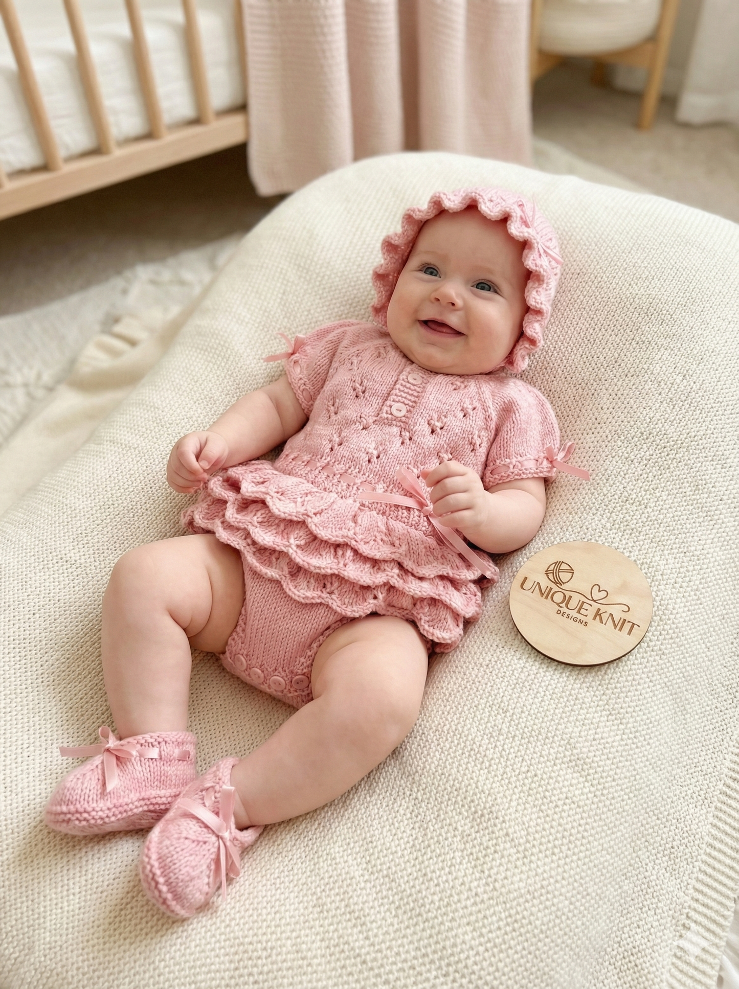 "Bouquet” Rah-Rah romper Knitting pattern for Reborn doll 16 -22” or 0-3 Mth Old Baby