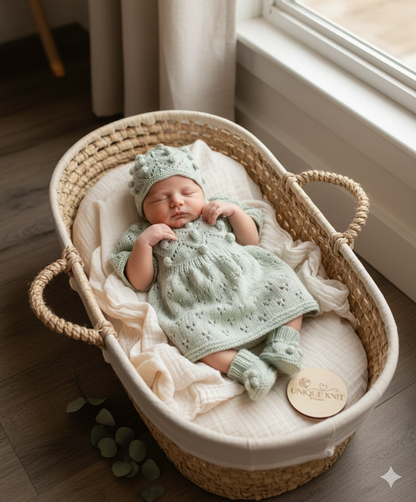 "Dewdrop” multi Piece Knitting pattern set for Reborn doll 16 -22” or 0-3 Month Old Baby