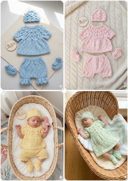 "Dewdrop” multi Piece Knitting pattern set for Reborn doll 16 -22” or 0-3 Month Old Baby