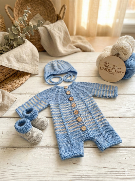 "Elijah” Romper set knitting pattern for reborn doll 16-22" or 0-3 month old baby