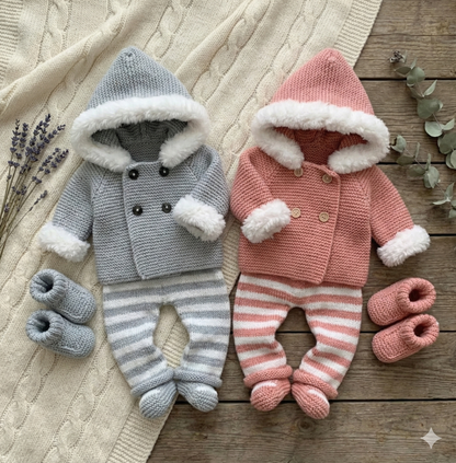 "Juniper” Fur trimmed Jacket & Pant set Knitting pattern for Reborn doll 16 -22” or 0-3 Mth Old Baby
