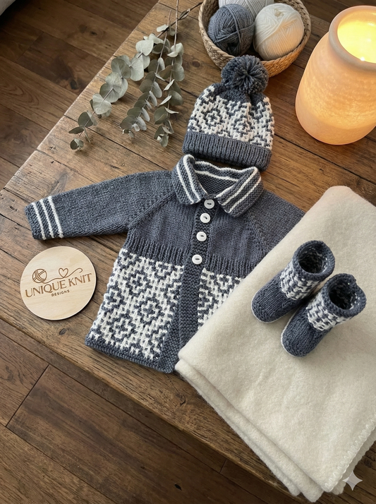 "Maze” 3 Piece Coat Set Knitting pattern for Reborn doll 16-22” or 0-3 Month Old Baby