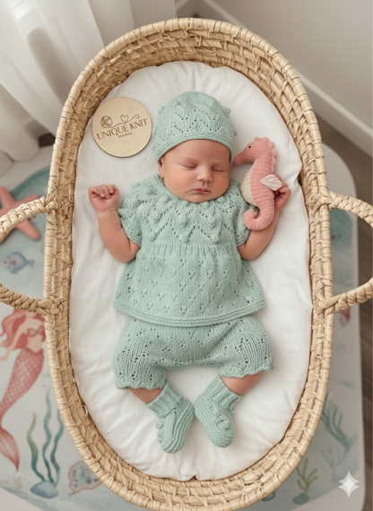 "Dewdrop” multi Piece Knitting pattern set for Reborn doll 16 -22” or 0-3 Month Old Baby