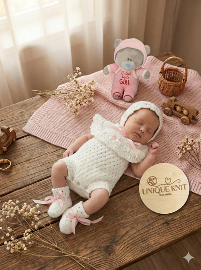 "Crystal” Romper Knitting pattern for Reborn doll 16 -22” or 0-3 Mth Old Baby
