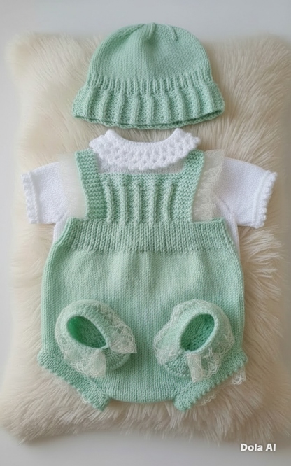 "Petal” Romper / Dungaree 4 piece set Knitting pattern for Reborn doll 16 -22” or 0-3 Mth Old Baby