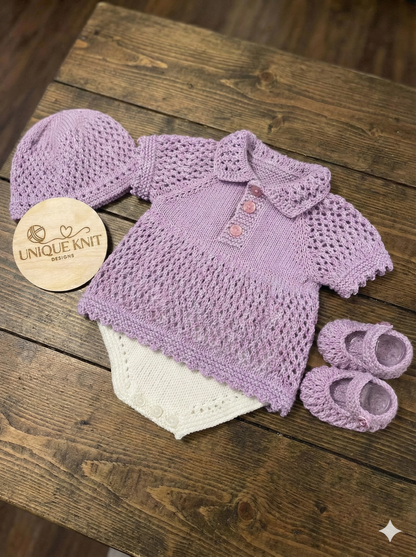 "Lavender” All-in-one dress Knitting pattern for Reborn doll 16 -22” or 0-3 Mth Old Baby