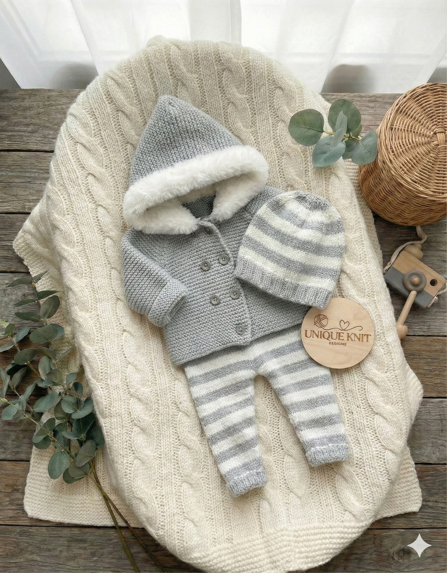 "Juniper” Fur trimmed Jacket & Pant set Knitting pattern for Reborn doll 16 -22” or 0-3 Mth Old Baby
