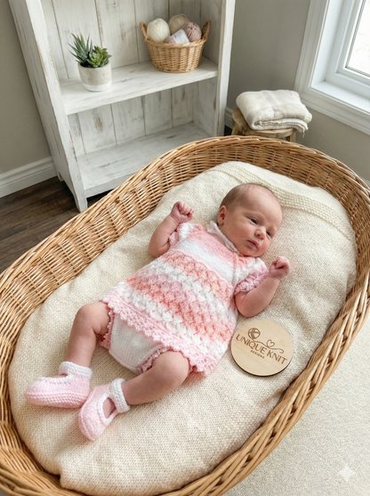 "Daisy” Romper and Dress set Knitting pattern for Reborn doll 16 -22” or 0-3 Mth Old Baby