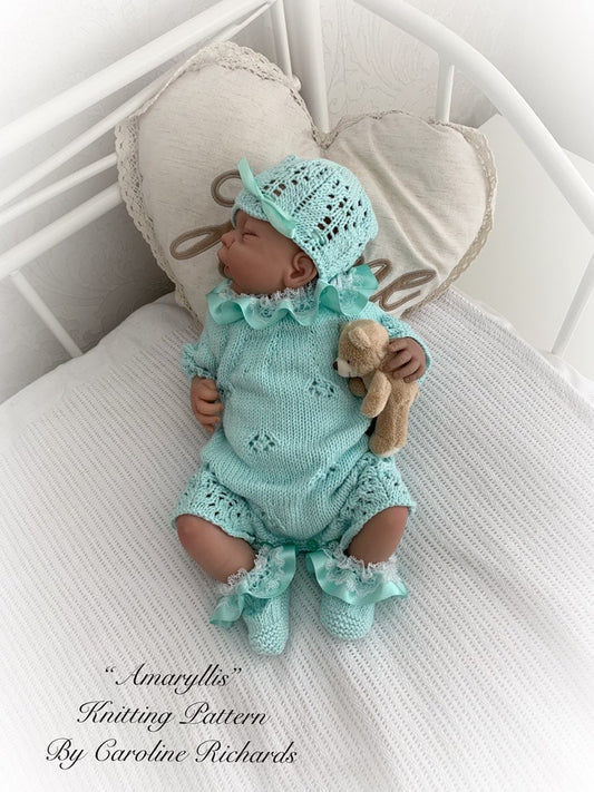 Amaryllis” Romper Knitting pattern for Reborn doll 16 -22” or 0-3 Mth Old Baby