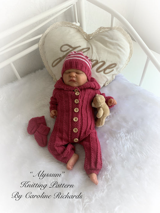 "Alyssum ” Hooded Romper Knitting pattern for Reborn doll 16 -22” or 0-3 Mth Old Baby