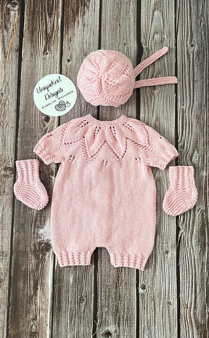 "Fig" Romper knitting pattern for reborn doll 16-22" or 0-3 Month old baby
