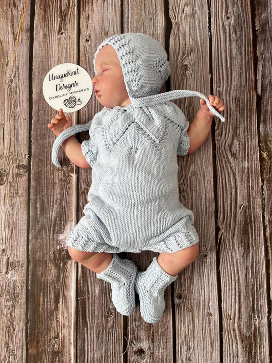 "Fig" Romper knitting pattern for reborn doll 16-22" or 0-3 Month old baby